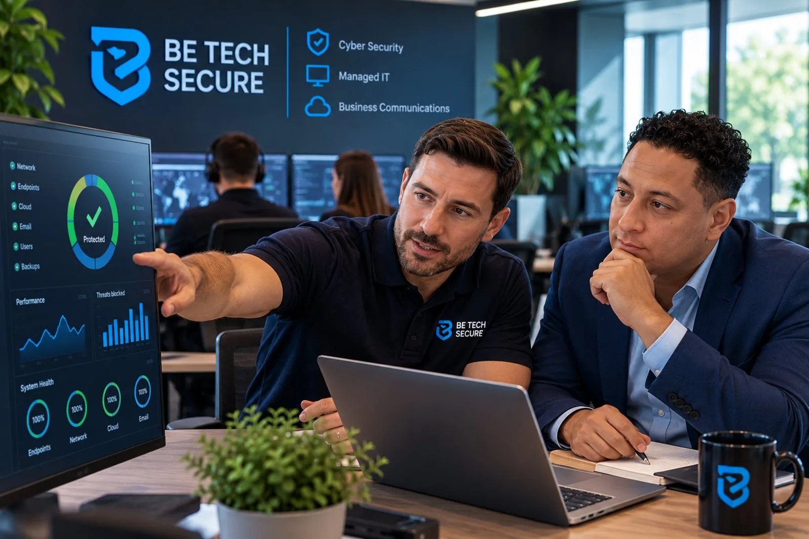 Be Tech Secure consultant walking a business owner through their IT health dashboard
