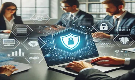 A professional and modern office environment with a small business team collaborating on cyber security awarness training solutions, featuring laptops displaying shield icons, graphs, and security alerts